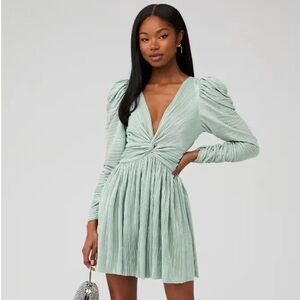 Sabina Musayev Morgana Mint Pleated Mini Dress Size M Metallic Plisse V Neck